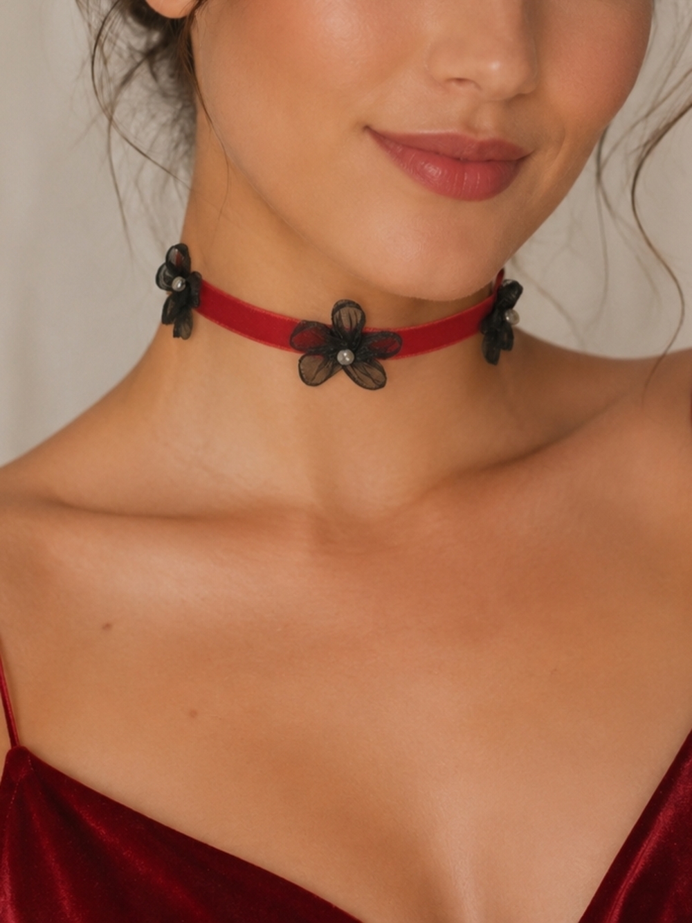 Red Velvet Choker Necklace with Black Flower Accents
